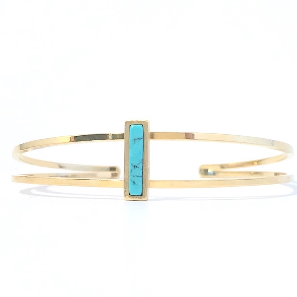 Geometric Gold Bangle with Turquoise Stone - Picture 5 of 8